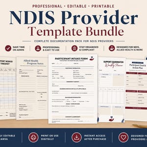 Könnte beinhalten: Ein digitales Bündel von NDIS-Anbietervorlagen mit Dokumenten wie Teilnehmeraufnahmeformular, Arbeitszeitnachweis und Rechnung. Der Text enthält Professional, Editable, Printable, NDIS Provider Template Bundle und Instant Download. Das Design verwendet ein Farbschema in Weiß, Dunkelblau und Kastanienbraun.