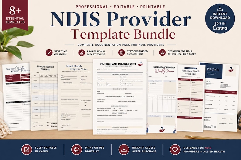 Pode incluir: Um pacote digital de modelos para provedores NDIS, incluindo documentos como formul&aacute;rio de admiss&atilde;o, folha de horas e fatura. O texto inclui Professional, Editable, Printable, NDIS Provider Template Bundle e Instant Download. O design utiliza um esquema de cores branco, azul escuro e bord&ocirc;.