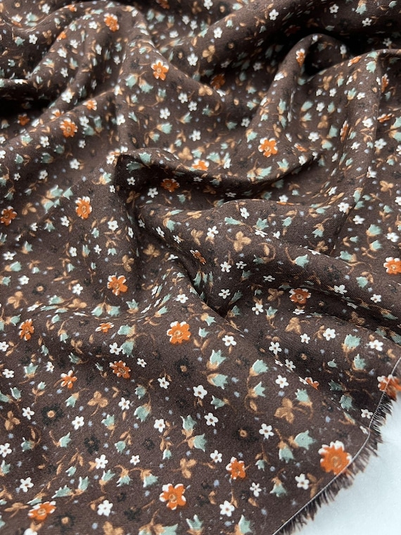 Brown Floral Viscose Cotton Fabric by Yard, Lightweight Summer Dress Fabric, Soft Breathable Fabric, 150 cm Wide
