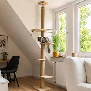 Floor to Ceiling Cat Tree, Adjustable Wooden Cat Tower with Acrylic Bed & Scratching Posts