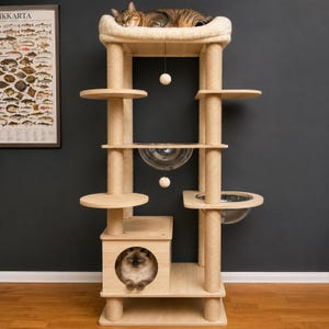 May include: A tall, multi-level cat tree made of light-colored wood and beige sisal-wrapped posts. It features a top plush bed with a sleeping tabby cat, multiple platforms, two clear acrylic bowl inserts, hanging toy balls, and a lower cubby house.