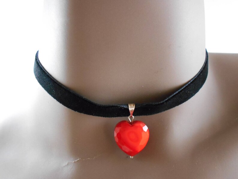 Heart Shaped Glass Pendant Black Velvet Ribbon Choker Bohemian Necklace Love Hippy Choker Ribbon Necklace Valentines Day Gift Red Glass Bead image 5