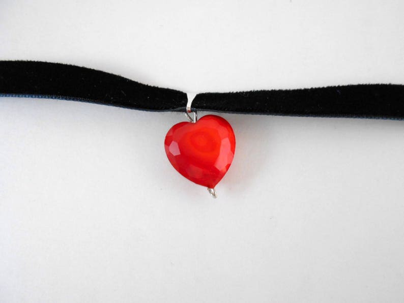 Heart Shaped Glass Pendant Black Velvet Ribbon Choker Bohemian Necklace Love Hippy Choker Ribbon Necklace Valentines Day Gift Red Glass Bead image 6