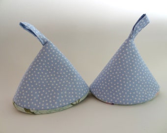 Potholder Cone Shape Japanese Style Pot Pan Lid Handle Holder Handmade Set of Two Light Blue Kitchen Decor Gift Exchange Housewarming Gift