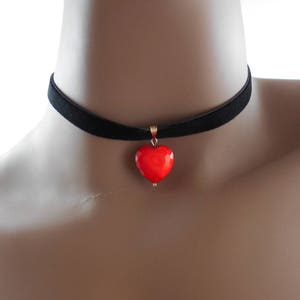 Heart Shaped Glass Pendant Black Velvet Ribbon Choker Bohemian Necklace Love Hippy Choker Ribbon Necklace Valentines Day Gift Red Glass Bead image 1