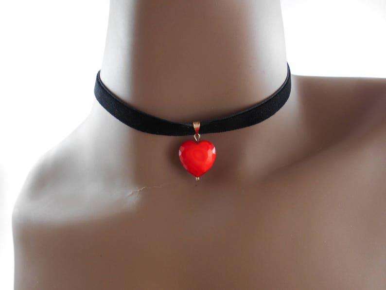 Heart Shaped Glass Pendant Black Velvet Ribbon Choker Bohemian Necklace Love Hippy Choker Ribbon Necklace Valentines Day Gift Red Glass Bead image 1