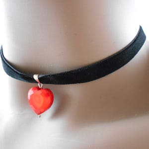 Heart Shaped Glass Pendant Black Velvet Ribbon Choker Bohemian Necklace Love Hippy Choker Ribbon Necklace Valentines Day Gift Red Glass Bead image 3