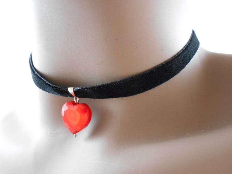 Heart Shaped Glass Pendant Black Velvet Ribbon Choker Bohemian Necklace Love Hippy Choker Ribbon Necklace Valentines Day Gift Red Glass Bead image 3