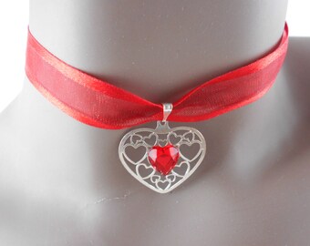Red Organza Ribbon Choker Heart Shaped Pendant with Rhinestone Bohemian Necklace Hippy Choker Ribbon Necklace Valentines Day Gift