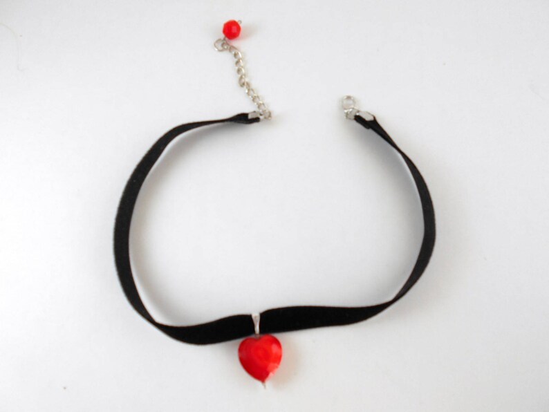 Heart Shaped Glass Pendant Black Velvet Ribbon Choker Bohemian Necklace Love Hippy Choker Ribbon Necklace Valentines Day Gift Red Glass Bead image 7