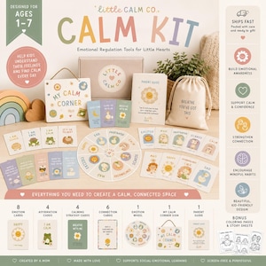 Op de afbeelding: Een Little Calm Co. set met een My Calm Corner bord, een ouderhandleiding, een tasje met trekkoord met de tekst Breathe You've Got This, een emotiewiel en diverse kaarten met illustraties van dieren en teksten over emoties en affirmaties.