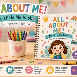 May include: A spiral-bound activity book titled All About Me! My Little Me Book First Day of School Keepsake, featuring a cartoon illustration of a child, a sun, and a rainbow. Includes a white cup with a heart containing colourful crayons.