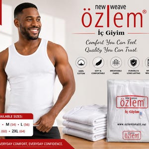 Özlem Men's Cotton Tank Top | White Sleeveless Undershirt (6 Pack)