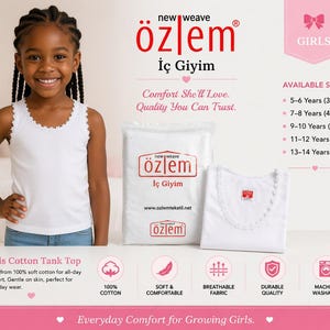 May include: A white cotton tank top with a decorative scalloped neckline. The product is displayed in a clear plastic package alongside a folded white tank top. Text on the packaging includes the brand name Ozlem and the website ozlemtekstil.net.