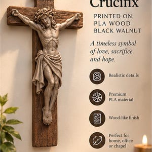 May include: A wall-mounted Jesus Crucifix made of black walnut colored PLA wood. The figure of Jesus wears a crown of thorns and a loincloth, with the INRI inscription at the top. The text reads Jesus Crucifix, Printed on PLA wood black walnut, A timeless symbol of love, sacrifice and hope, Realistic details, Premium PLA material, Wood-like finish, Perfect for home, office or chapel, Danjo 3D Studio.