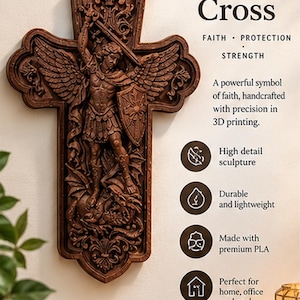 May include: A brown, 3D-printed wall cross featuring a detailed relief sculpture of St. Michael the Archangel defeating a dragon. The text reads St. Michael Cross, Faith, Protection, Strength, and Danjo 3D Studio, with icons for high detail, durability, PLA material, and home use.