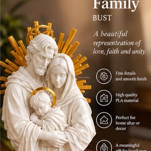 May include: A white bust of the Sacred Family featuring a man, a woman, and a child with a gold halo and sunburst background. Text on the image reads: Sacred Family BUST, A beautiful representation of love, faith and unity, Fine details and smooth finish, High quality PLA material, Perfect for home altar or decor, A meaningful gift for loved ones, Danjo 3D Studio.