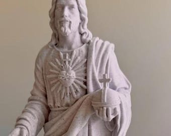 Estátua do Sagrado Coração de Jesus | Estatueta Católica Impressa em 3D, Acabamento em Pedra, Decoração para Altar Doméstico