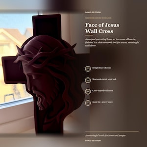 May include: A dark reddish-brown wall cross featuring a sculpted profile of the face of Jesus wearing a crown of thorns. The text on the image reads: DANJO 3D STUDIO, ROSEWOOD CARVED WOOD LOOK, Face of Jesus Wall Cross, Sculpted face of Jesus.