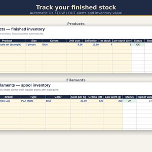 May include: A digital inventory tracking spreadsheet featuring two tables titled Products and Filaments. The Products table tracks finished inventory with columns for product, size, colors, costs, price, stock, alerts, status, and value. The Filaments table tracks spool inventory with columns for brand, type, color, cost, grams, alerts, status, and value.