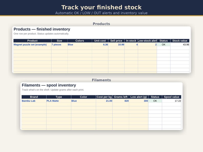 May include: A digital inventory tracking spreadsheet featuring two tables titled Products and Filaments. The Products table tracks finished inventory with columns for product, size, colors, costs, price, stock, alerts, status, and value. The Filaments table tracks spool inventory with columns for brand, type, color, cost, grams, alerts, status, and value.