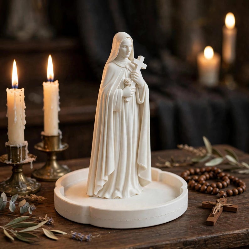 May include: A white figurine of a cloaked figure holding a small cross and a rose, standing on a circular white base. The figure wears a long, flowing robe with a hood covering the head, and the sculpture is crafted with smooth, matte details.