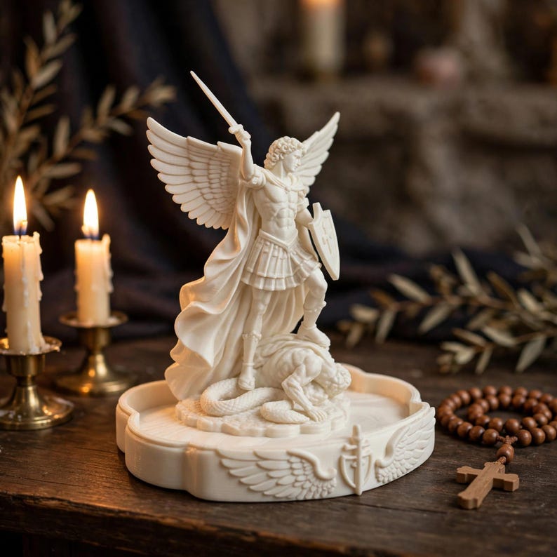 May include: A white, off-white, or cream-colored resin statue depicting an angel with large wings, wearing armor, holding a sword raised high, and a shield, standing over a defeated figure on a decorative base with carved wing and shield motifs.