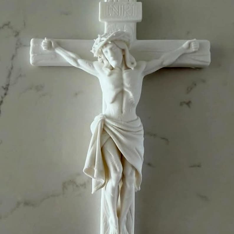 White Crucifix Wall Cross | Detailed Jesus on Cross INRI | 3D Printed Catholic image 7