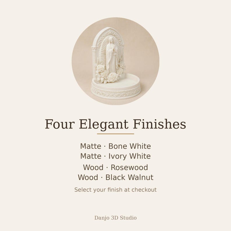 May include: A white, circular, three-dimensional religious figurine stand featuring a central arched relief of a figure surrounded by roses. The text reads: Four Elegant Finishes, Matte Bone White, Matte Ivory White, Wood Rosewood, Wood Black Walnut, Select your finish at checkout, Danjo 3D Studio.