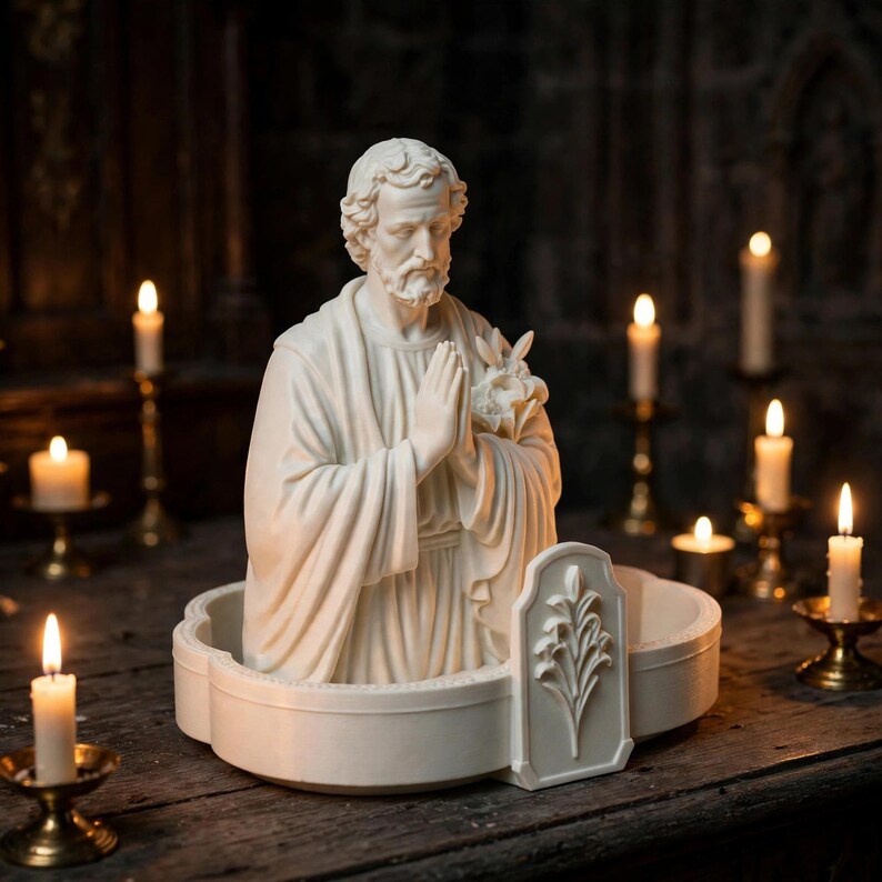 May include: A cream-colored resin bust of a bearded man with hands clasped in prayer, holding a lily. The figure is set within a shallow, scalloped circular base featuring a raised relief of a floral sprig on the front edge of the structure.
