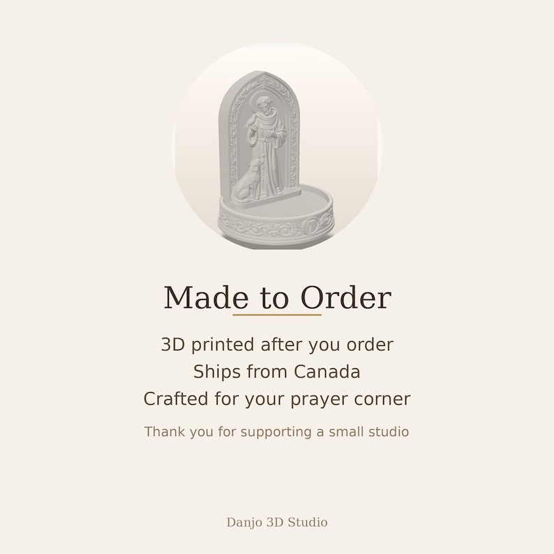 May include: A light gray 3D printed figurine featuring a standing figure in robes with a dog at their side, set against an arched backdrop with decorative relief carvings, all resting on a circular base with an ornate floral border design.