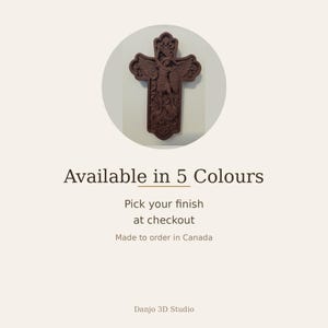 May include: A dark brown wall cross featuring a detailed relief carving of Saint Michael the Archangel defeating a dragon. The text on the image reads: Available in 5 Colours, Pick your finish at checkout, Made to order in Canada, Danjo 3D Studio.