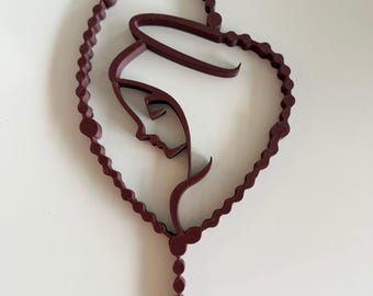 Rosewood Line Art Rosary Wall Decor | Virgin Mary Silhouette Catholic Home (9.8" Tall)