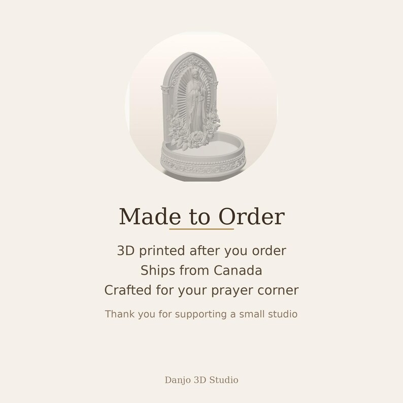 May include: A white 3D printed holy water font featuring a central figure of the Virgin Mary standing within an arched niche, surrounded by sculpted floral details and a circular basin base with decorative trim, presented in a clean, matte finish.