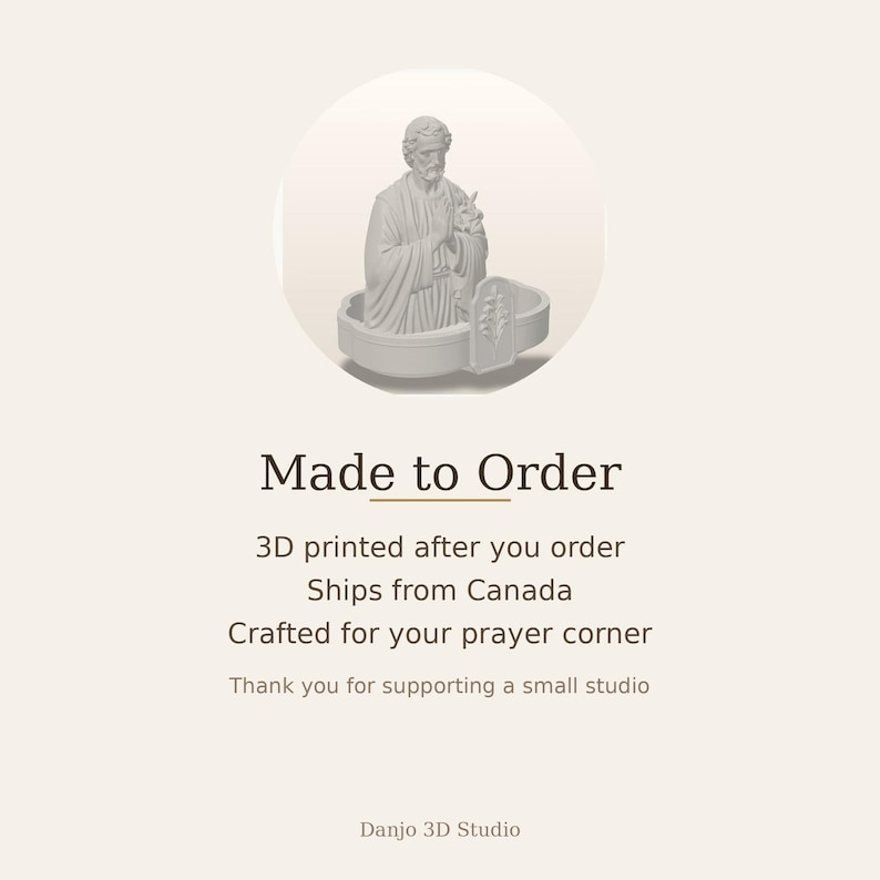 May include: A 3D printed off-white figurine of a bearded man with hands clasped in prayer, positioned within a shallow, rounded basin. The base features a small, embossed plant-like emblem on the front. The text reads Made to Order, 3D printed after you order, Ships from Canada, Crafted for your prayer corner, Thank you for supporting a small studio, and Danjo 3D Studio.