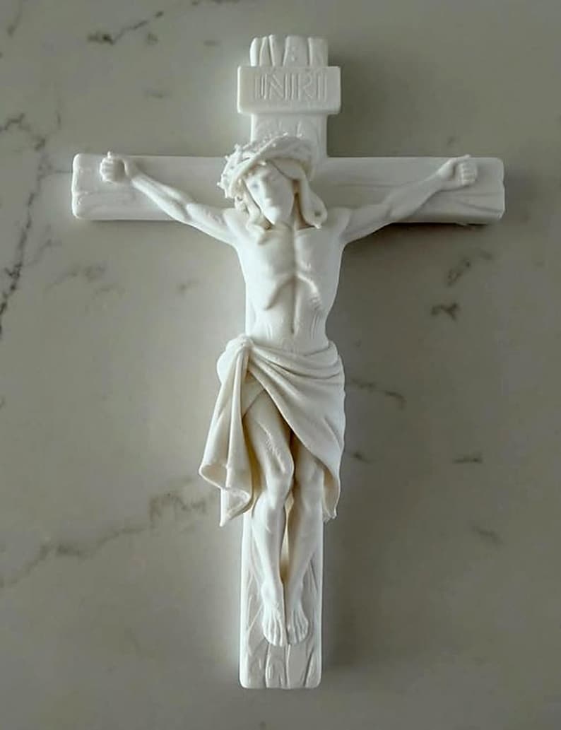 White Crucifix Wall Cross | Detailed Jesus on Cross INRI | 3D Printed Catholic image 1