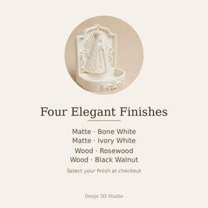 Puede incluir: Una pila de agua bendita de color crema con un relieve de Nuestra Se&ntilde;ora de F&aacute;tima con corona y rosario. El texto dice: Four Elegant Finishes, Matte Bone White, Matte Ivory White, Wood Rosewood, Wood Black Walnut, Danjo 3D Studio.