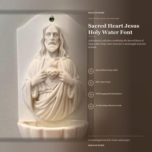 May include: A white wall-mounted holy water font featuring a relief sculpture of Jesus with the Sacred Heart. The piece includes a basin at the bottom and a hole at the top for hanging. Text on the side reads Sacred Heart Jesus Holy Water Font.