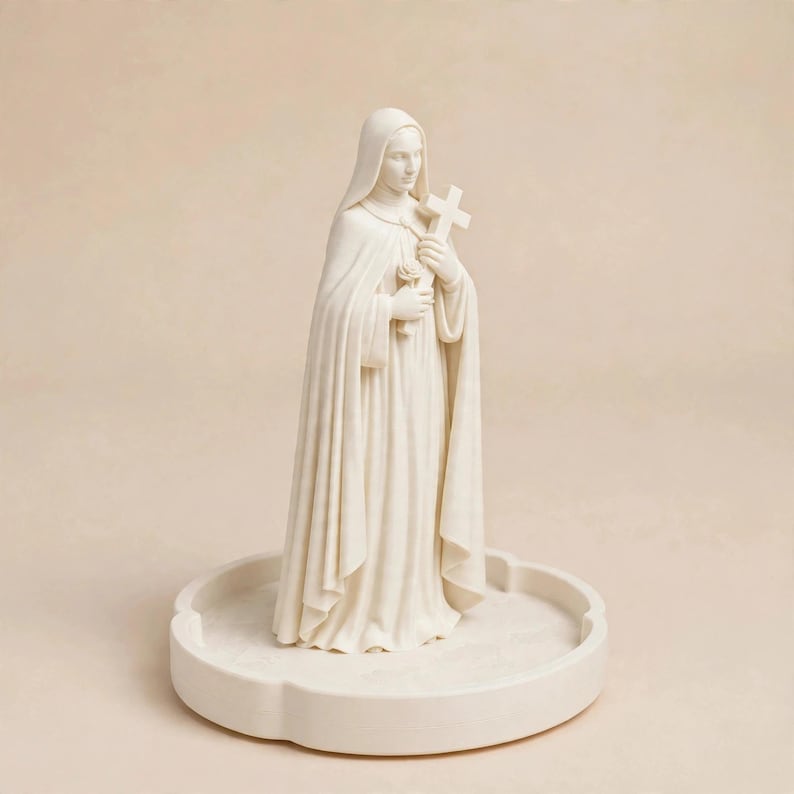 May include: A cream-colored figurine of a figure wearing a hooded robe, holding a small cross and a rose in their hands. The statue stands on a circular, scalloped-edge base, featuring a smooth, matte finish throughout the entire sculpture.