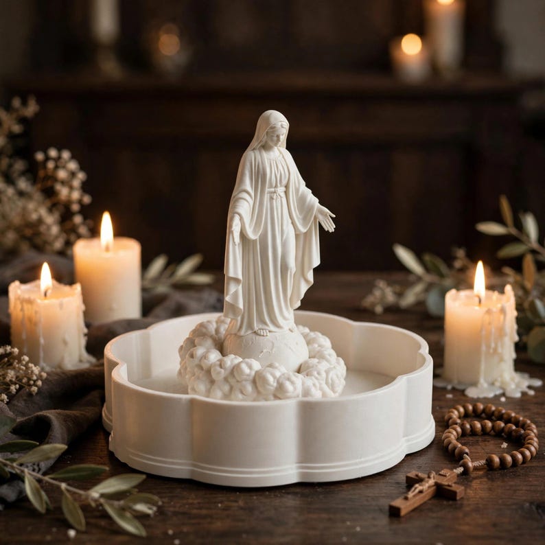 May include: A white figurine of a standing figure with arms outstretched, positioned on a globe surrounded by clouds, set within a scalloped circular tray. The figure wears a long, draped robe and a head covering, rendered in a matte finish.