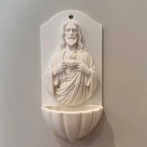 Sacred Heart Jesus Holy Water Font | 3D Printed Catholic Home Blessing Alabaster White image 5