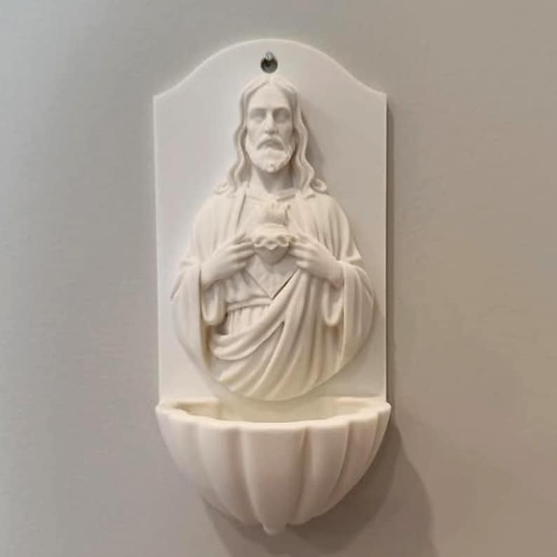 Sacred Heart Jesus Holy Water Font | 3D Printed Catholic Home Blessing Alabaster White image 5
