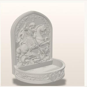 K&ouml;nnte beinhalten: Ein hellgraues Wandbecken mit einem Relief, das eine Figur zu Pferd mit einer Lanze gegen einen Drachen zeigt. Die gew&ouml;lbte R&uuml;ckwand ist oben mit einem Kreuz verziert, w&auml;hrend die Vorderseite des Beckens ein kleines Schildemblem aufweist.