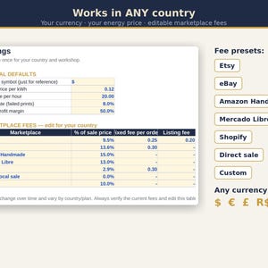 May include: A digital spreadsheet interface titled Settings with sections for General Defaults and Marketplace Fees. It includes columns for Etsy, eBay, Amazon Handmade, Mercado Libre, Shopify, Direct sale, and Custom, with fee presets and currency symbols.