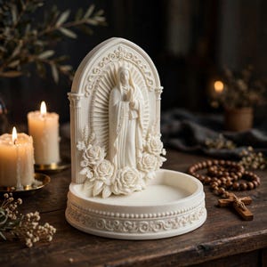 May include: An off-white resin sculpture featuring a central figure of a woman with hands clasped in prayer, framed by an arched structure with floral rose accents and a circular base tray, all rendered in a detailed, monochromatic relief style.