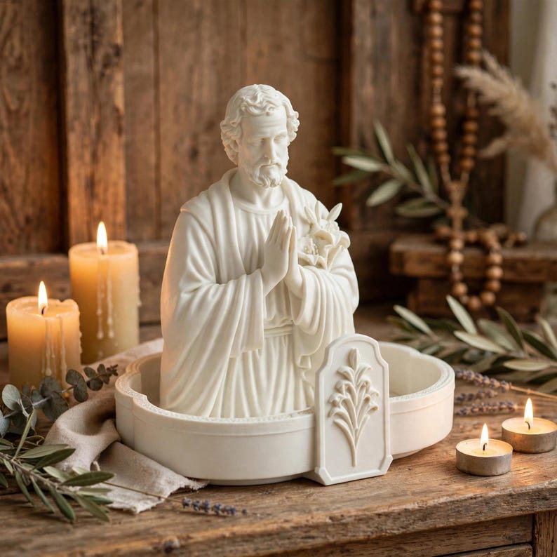 May include: A white resin statue of a bearded figure with hands clasped in prayer, holding a lily. The figure is set within a shallow, oval-shaped white basin featuring a raised, rectangular plaque embossed with a stylized lily plant design.