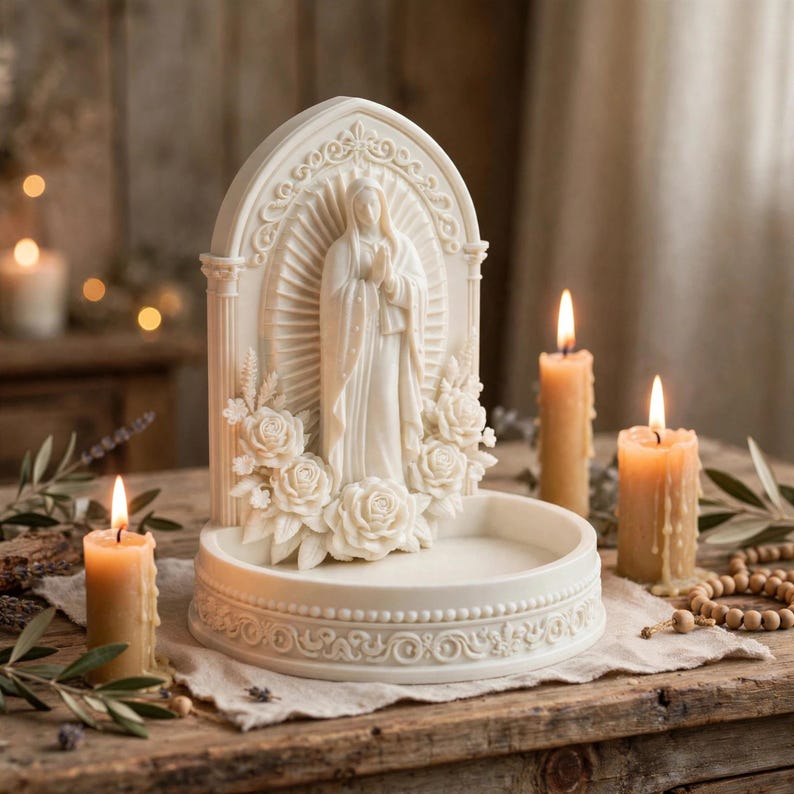 May include: An off-white, arched resin sculpture featuring a central relief of a figure with hands clasped in prayer, surrounded by sculpted roses and a sunburst pattern. The base is a circular, shallow tray with decorative beaded and scrollwork edges.