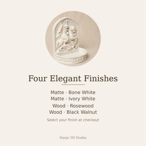 K&ouml;nnte beinhalten: Ein cremefarbenes Weihwasserbecken zur Wandmontage mit einem Relief von Sankt Georg, der einen Drachen t&ouml;tet. Der Text lautet: Four Elegant Finishes, Matte Bone White, Matte Ivory White, Wood Rosewood, Wood Black Walnut, Danjo 3D Studio.