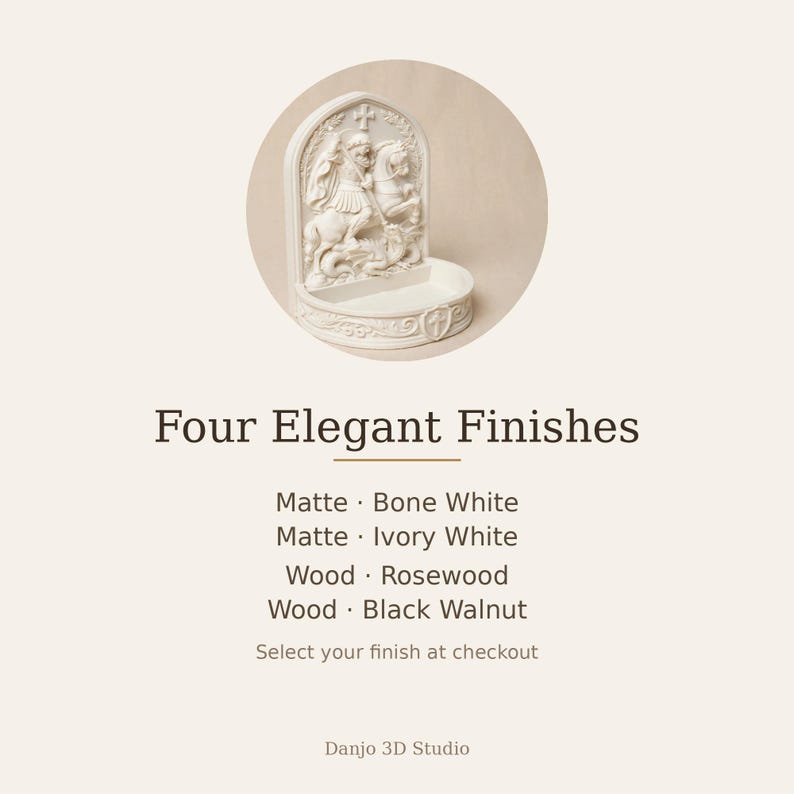 K&ouml;nnte beinhalten: Ein cremefarbenes Weihwasserbecken zur Wandmontage mit einem Relief von Sankt Georg, der einen Drachen t&ouml;tet. Der Text lautet: Four Elegant Finishes, Matte Bone White, Matte Ivory White, Wood Rosewood, Wood Black Walnut, Danjo 3D Studio.
