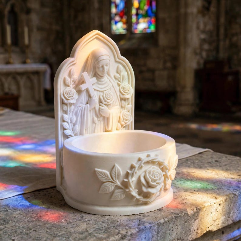 May include: A white stone holy water font featuring a sculpted figure of a saint holding a cross and a rose. The back panel has an arched top with floral carvings, while the circular basin is decorated with a relief of a rose and a crown of thorns.